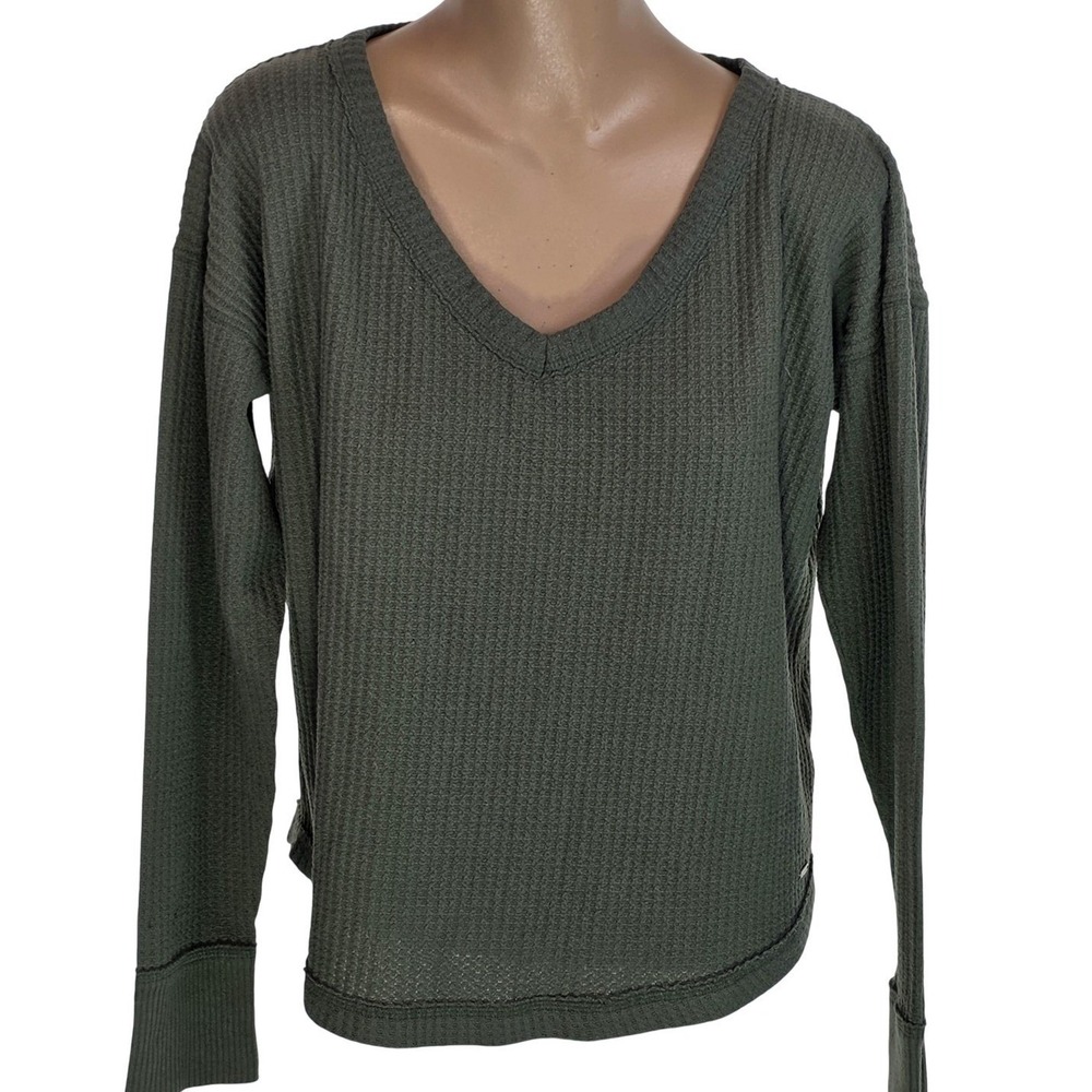 Hollister Shirt Womens XS Green Waffle Knit Thermal‎ V Neck Long Sleeve Casual